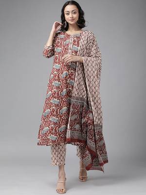Maroon printed cotton kurta-suits 1