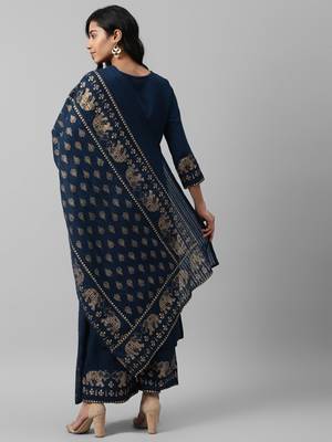 Navy-blue printed cotton kurta-suits 3