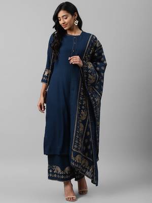 Navy-blue printed cotton kurta-suits 4