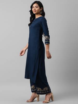 Navy-blue printed cotton kurta-suits 5