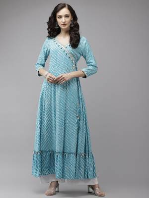 Sky-blue printed viscose rayon maxi-dresses 1