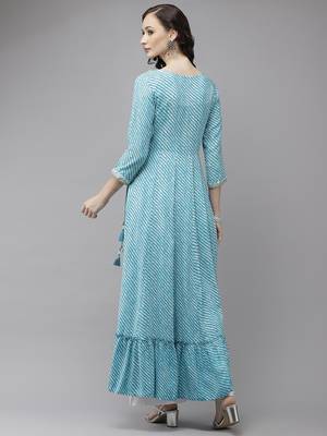 Sky-blue printed viscose rayon maxi-dresses 2