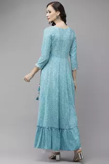 Sky-blue printed viscose rayon maxi-dresses