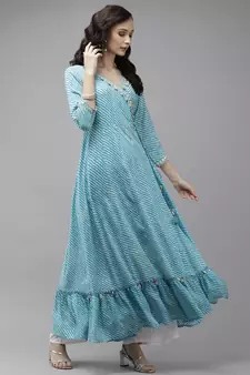 Sky-blue printed viscose rayon maxi-dresses