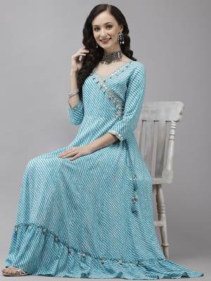 Sky-blue printed viscose rayon maxi-dresses 5