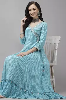 Sky-blue printed viscose rayon maxi-dresses