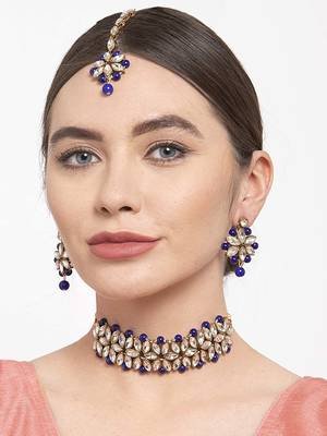 Gold Plated Studded Kundan Beads Design Traditional Choker Necklace Set with Earrings and mang Tikka for Women 1