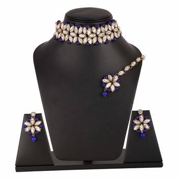 Gold Plated Studded Kundan Beads Design Traditional Choker Necklace Set with Earrings and mang Tikka for Women 2