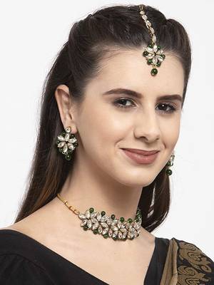 Gold Plated Studded Kundan Beads Design Traditional Choker Necklace Set with Earrings and mang Tikka for Women 1