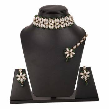 Gold Plated Studded Kundan Beads Design Traditional Choker Necklace Set with Earrings and mang Tikka for Women 2