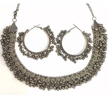 Traditional German Silver Necklace Boho Designer Oxidized German Silver Plated Choker Necklace Set for Girls & Women 3