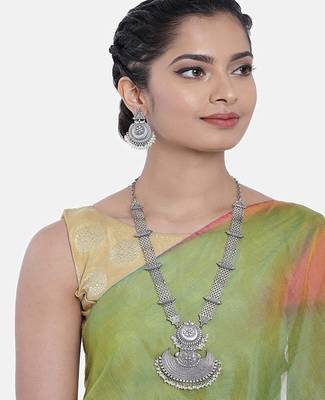 Afghani Oxidised Silver Jewellery Stylish Antique Long Necklace Set for Women & Girls 1