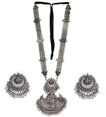 Afghani Oxidised Silver Jewellery Stylish Antique Long Necklace Set for Women & Girls 2