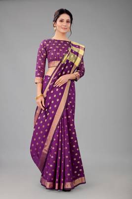 Purple woven cotton silk saree with blouse 4
