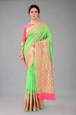 Light green woven cotton silk saree with blouse 1