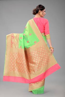 Light green woven cotton silk saree with blouse 2