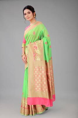 Light green woven cotton silk saree with blouse 3