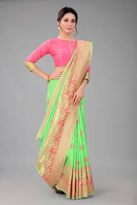 Light green woven cotton silk saree with blouse 4