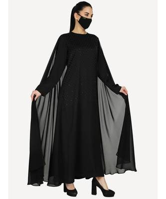Black Dress With Attached Georgette Cape and Stonework With A Matching Hijab 4