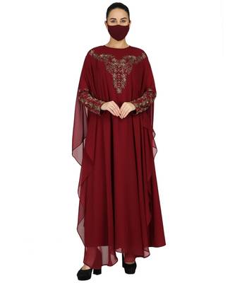 Maroon Occasion Wear Modest Garment With Handwork Embellishments With A Matching Hijab 1