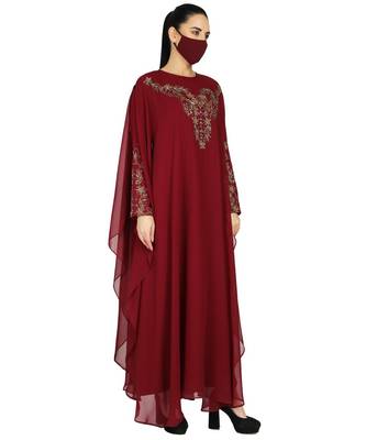Maroon Occasion Wear Modest Garment With Handwork Embellishments With A Matching Hijab 2
