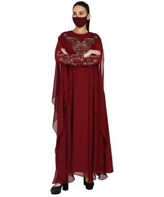 Maroon Occasion Wear Modest Garment With Handwork Embellishments With A Matching Hijab 4