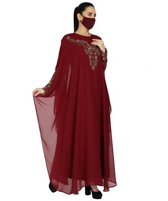 Maroon Occasion Wear Modest Garment With Handwork Embellishments With A Matching Hijab 5