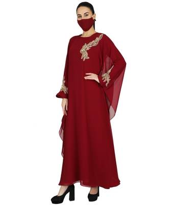 Maroon Occasion Wear Modest Garment With Handwork Embellishments With A Matching Hijab 3