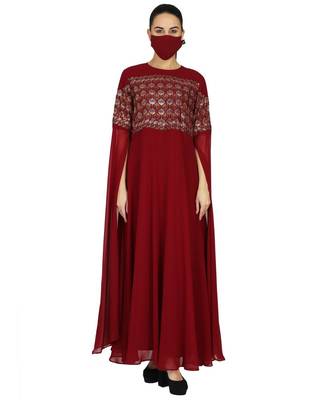Maroon Occasion Wear Modest Garment With Premium Rhinestone work With Designer Sleeves and A Matching Hijab 1