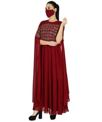 Maroon Occasion Wear Modest Garment With Premium Rhinestone work With Designer Sleeves and A Matching Hijab 2