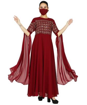 Maroon Occasion Wear Modest Garment With Premium Rhinestone work With Designer Sleeves and A Matching Hijab 3