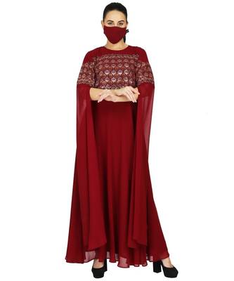 Maroon Occasion Wear Modest Garment With Premium Rhinestone work With Designer Sleeves and A Matching Hijab 4