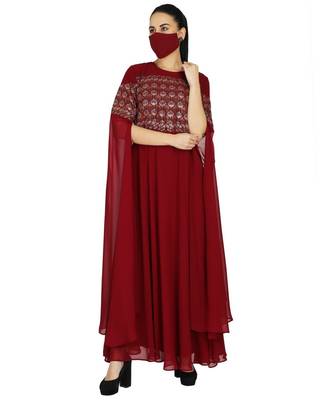 Maroon Occasion Wear Modest Garment With Premium Rhinestone work With Designer Sleeves and A Matching Hijab 5