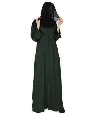 Blue Elegant Front Open Abaya With Criss-Crossed Pleats With A Complementary Hijab 3