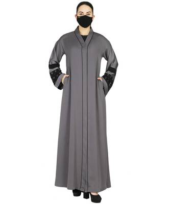 Grey Front Open Abaya With Handwork Embellishments With A Matching Hijab 1