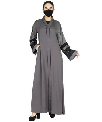 Grey Front Open Abaya With Handwork Embellishments With A Matching Hijab 2