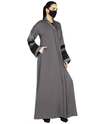 Grey Front Open Abaya With Handwork Embellishments With A Matching Hijab 3
