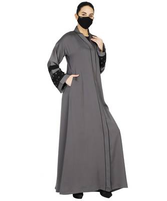 Grey Front Open Abaya With Handwork Embellishments With A Matching Hijab 4