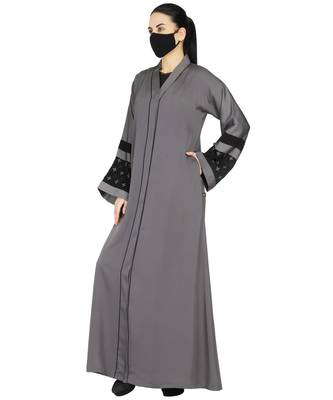 Grey Front Open Abaya With Handwork Embellishments With A Matching Hijab 5