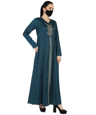 Teal Occasion Wear Modest Garment With Handwork Embellishments With A Matching Hijab 3
