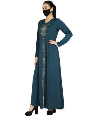 Teal Occasion Wear Modest Garment With Handwork Embellishments With A Matching Hijab 5