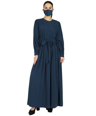 Teal Abaya With Multiple Pleats And Belt With A Matching Hijab 1