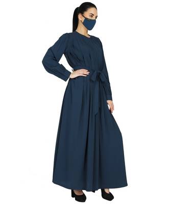 Teal Abaya With Multiple Pleats And Belt With A Matching Hijab 3