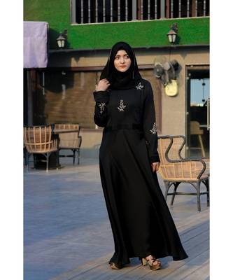Black Abaya Like Dress With Floral Handwork Embellishments With A Matching Hijab 1