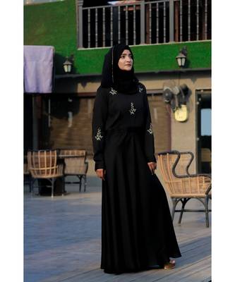 Black Abaya Like Dress With Floral Handwork Embellishments With A Matching Hijab 2