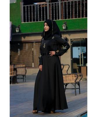 Black Abaya Like Dress With Floral Handwork Embellishments With A Matching Hijab 3