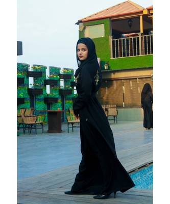 Black Abaya Like Dress With Floral Handwork Embellishments With A Matching Hijab 1