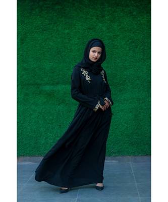 Black Abaya Like Dress With Floral Handwork Embellishments With A Matching Hijab 2