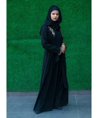 Black Abaya Like Dress With Floral Handwork Embellishments With A Matching Hijab 3