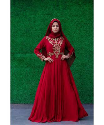 Red Designer Dress With Hand Embellishments On Bodice And On Sleeves With Matching Hijab 1